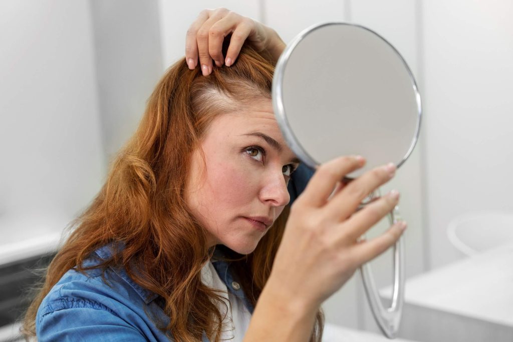 Mujer con alopecia en el área de la sien, se mira al espejo con preocupación, ella necesita un injerto capilar FUE DHI 